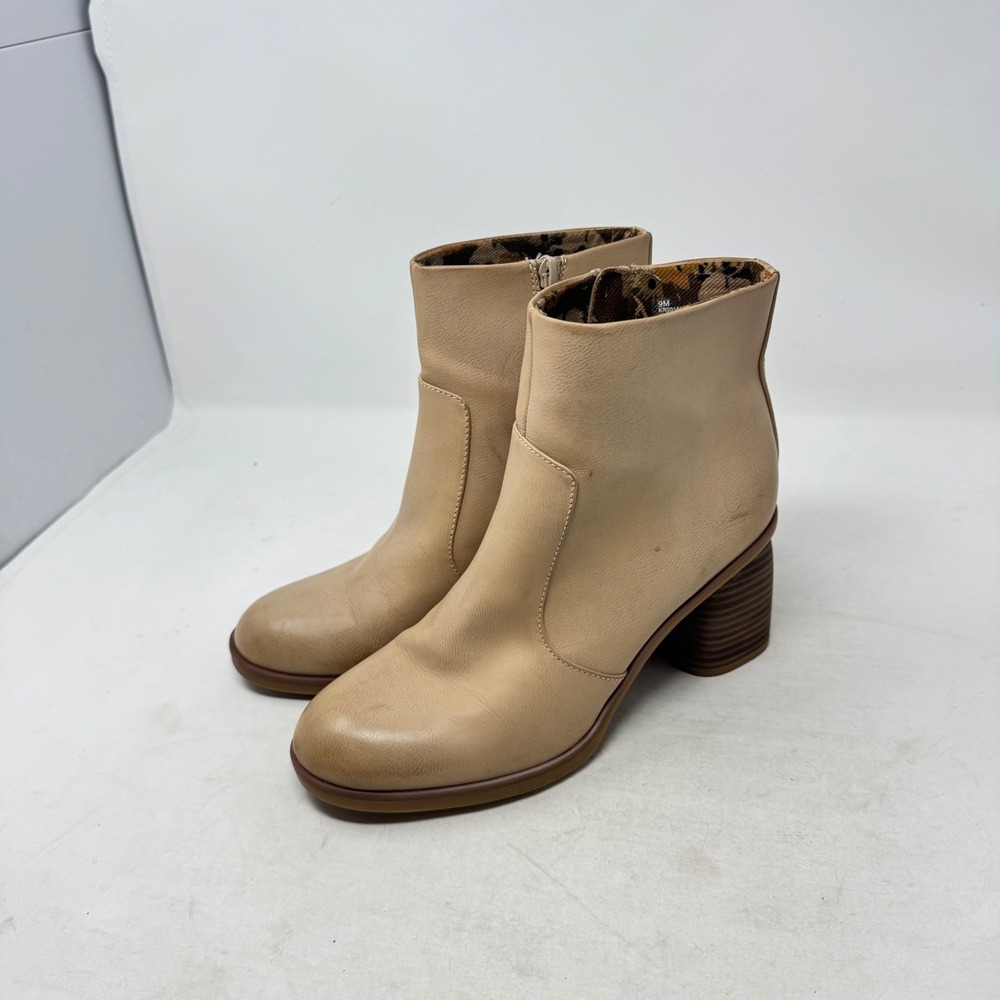 KorkEase Ankle Boots Tan 9M Leather Block Heel Round Toe Side Zip Booties